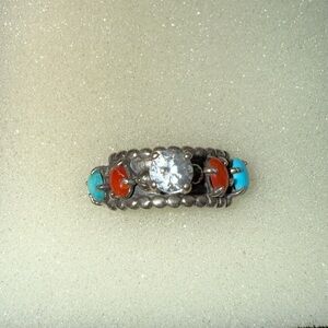 Vintage 925 Sterling Silver Turquoise and Coral ring with CZ size 6